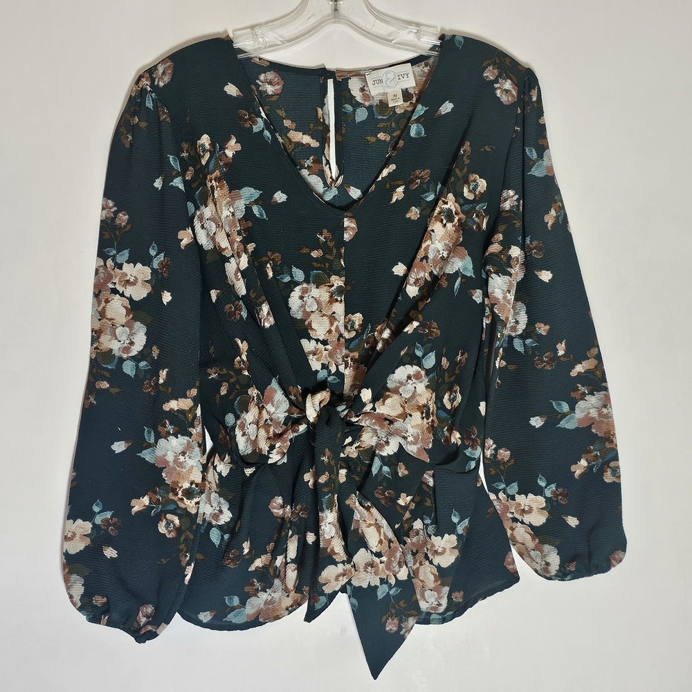 Jun & Ivy Top Womens Medium Green Floral Sheer V Neck Elastic Waist Tie Front